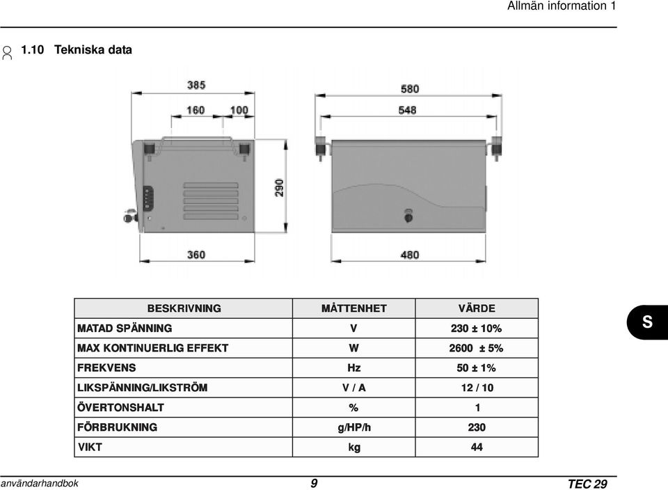 10 % M AX KONTINUERLIG EFFEKT W 2600 ± 5 % F REKVEN Hz 50 0 ± 1 % L