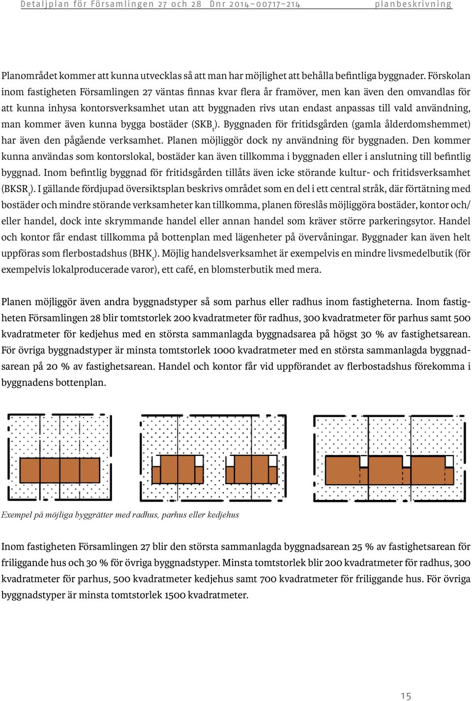 vald användning, man kommer även kunna bygga bostäder (SKB 1 ). Byggnaden för fritidsgården (gamla ålderdomshemmet) har även den pågående verksamhet. Planen möjliggör dock ny användning för byggnaden.