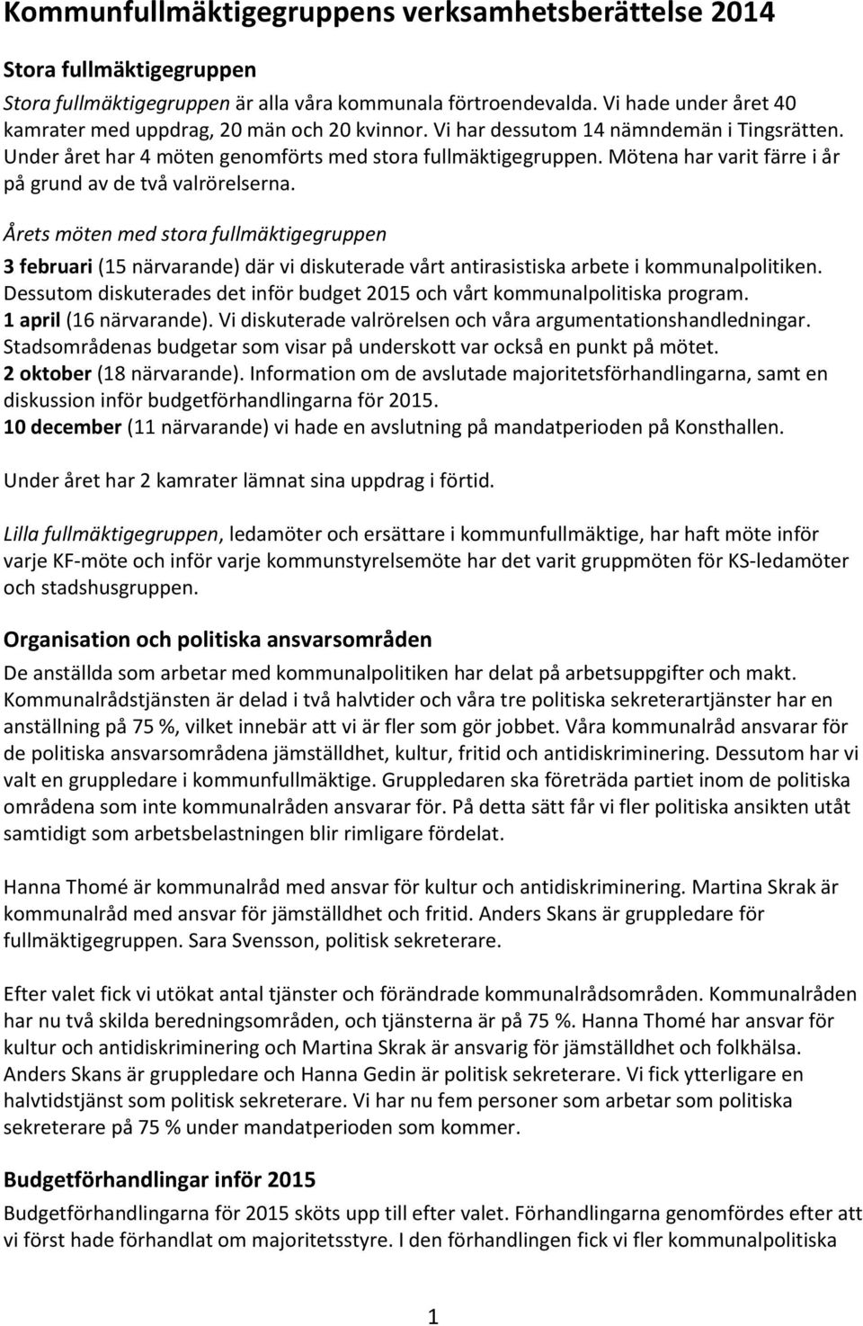 Mötena har varit färre i år på grund av de två valrörelserna. Årets möten med stora fullmäktigegruppen 3 februari (15 närvarande) där vi diskuterade vårt antirasistiska arbete i kommunalpolitiken.