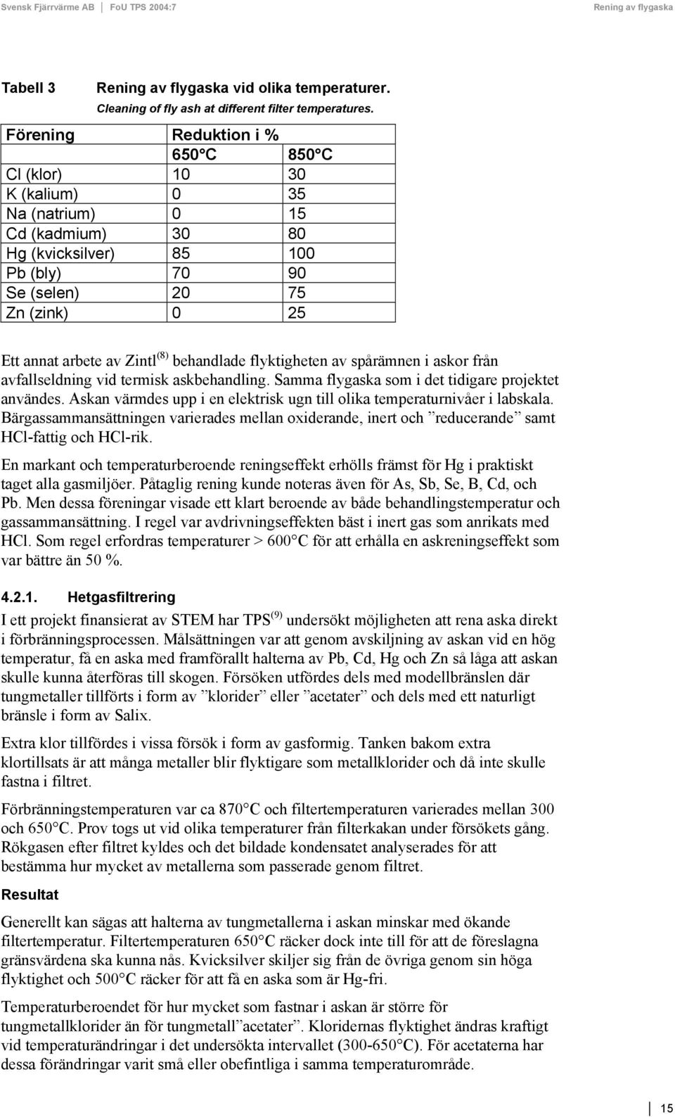 Zintl (8) behandlade flyktigheten av spårämnen i askor från avfallseldning vid termisk askbehandling. Samma flygaska som i det tidigare projektet användes.