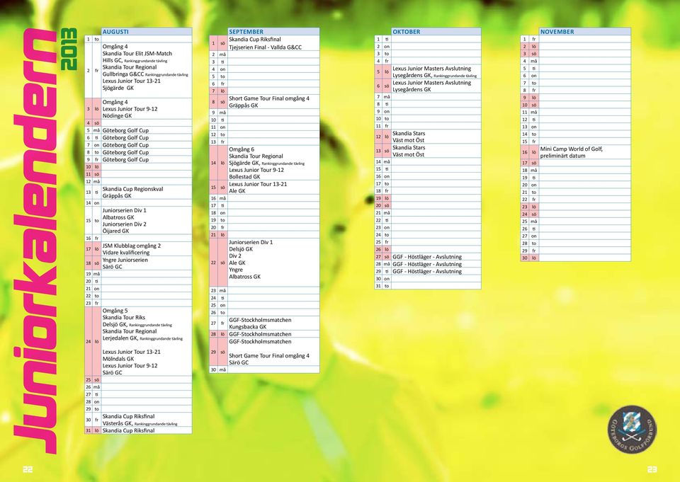 13 ti Skandia Cup Regionskval Gräppås GK 14 on 15 to Juniorserien Div 1 Albatross GK Juniorserien Div 2 Öijared GK 16 fr 17 lö JSM Klubblag omgång 2 Vidare kvalificering 18 sö Yngre Juniorserien Särö