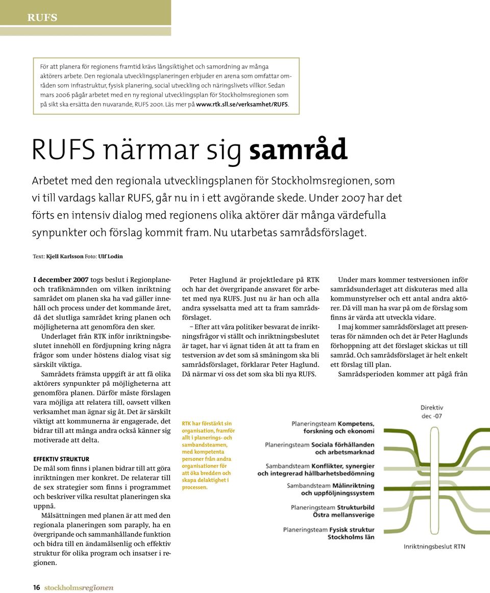 Sedan mars 2006 pågår arbetet med en ny regional utvecklingsplan för Stockholmsregionen som på sikt ska ersätta den nuvarande, RUFS 2001. Läs mer på www.rtk.sll.se/verksamhet/rufs.