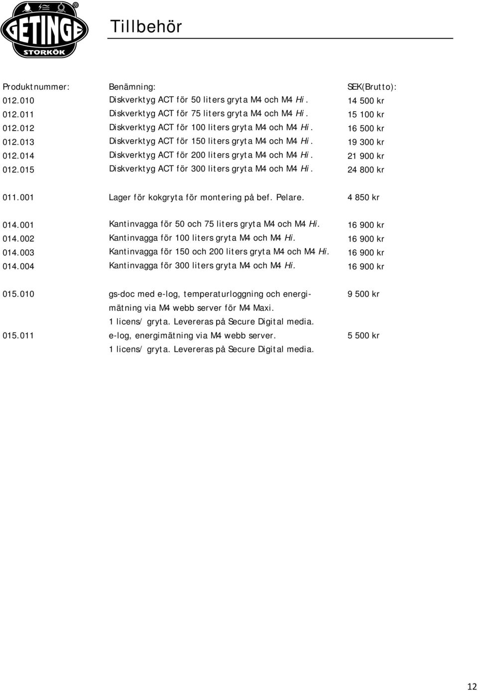 21 900 kr 012.015 Diskverktyg ACT för 300 liters gryta M4 och M4 Hi. 24 800 kr 011.001 Lager för kokgryta för montering på bef. Pelare. 4 850 kr 014.