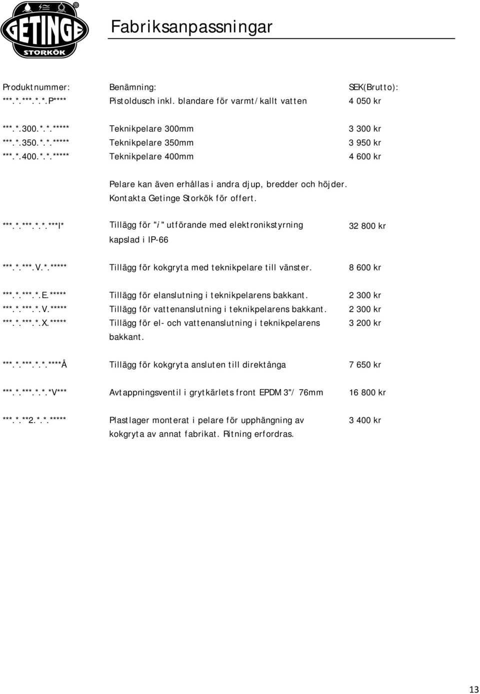 *.***.V.*.***** Tillägg för kokgryta med teknikpelare till vänster. 8 600 kr ***.*.***.*.E.***** Tillägg för elanslutning i teknikpelarens bakkant. 2 300 kr ***.*.***.*.V.***** Tillägg för vattenanslutning i teknikpelarens bakkant.