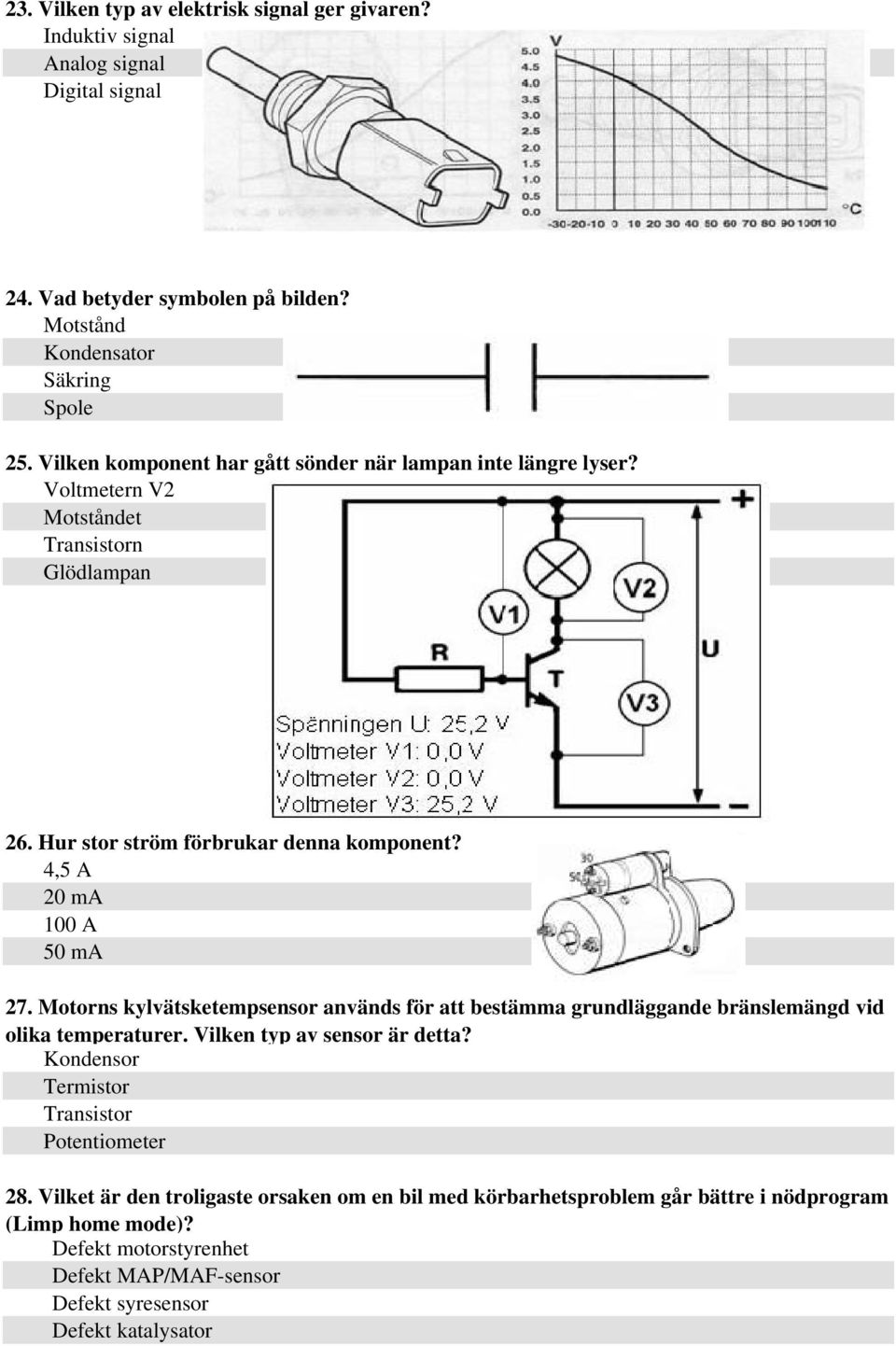 4,5 A 20 ma 100 A 50 ma 27. Motorns kylvätsketempsensor används för att bestämma grundläggande bränslemängd vid olika temperaturer. Vilken typ av sensor är detta?