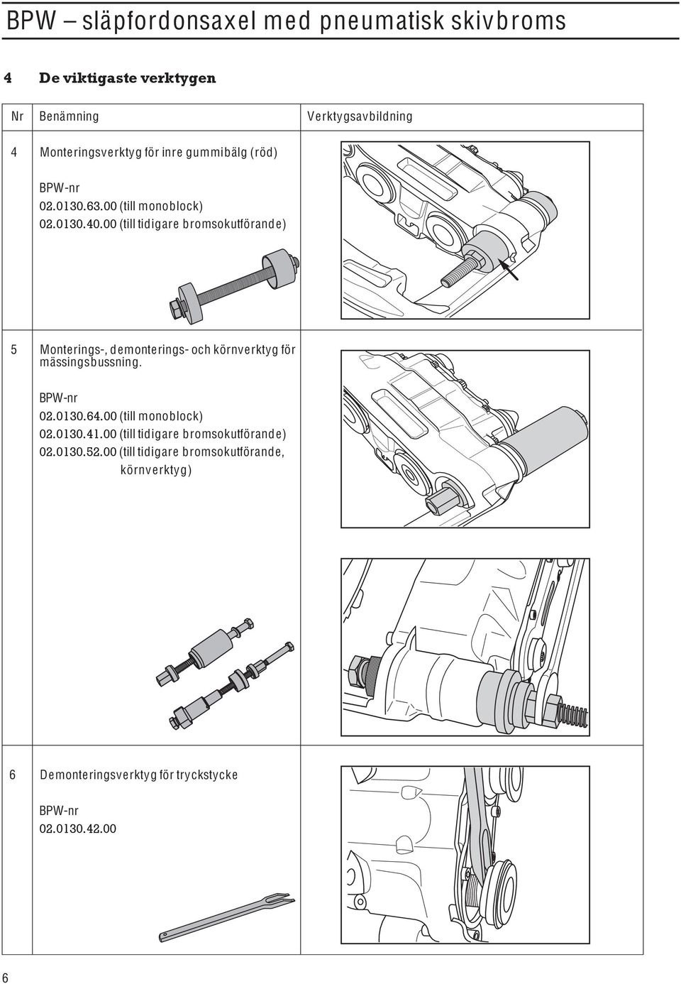 00 (till tidigare bromsokutförande) 5 Monterings-, demonterings- och körnverktyg för mässingsbussning. BPW-nr 02.