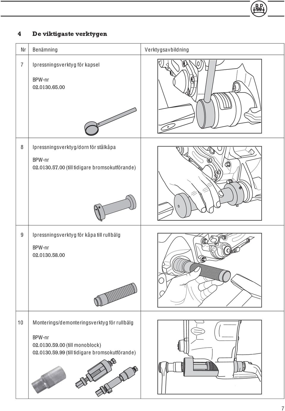00 (till tidigare bromsokutförande) 9 Ipressningsverktyg för kåpa till rullbälg BPW-nr 02.0130.58.