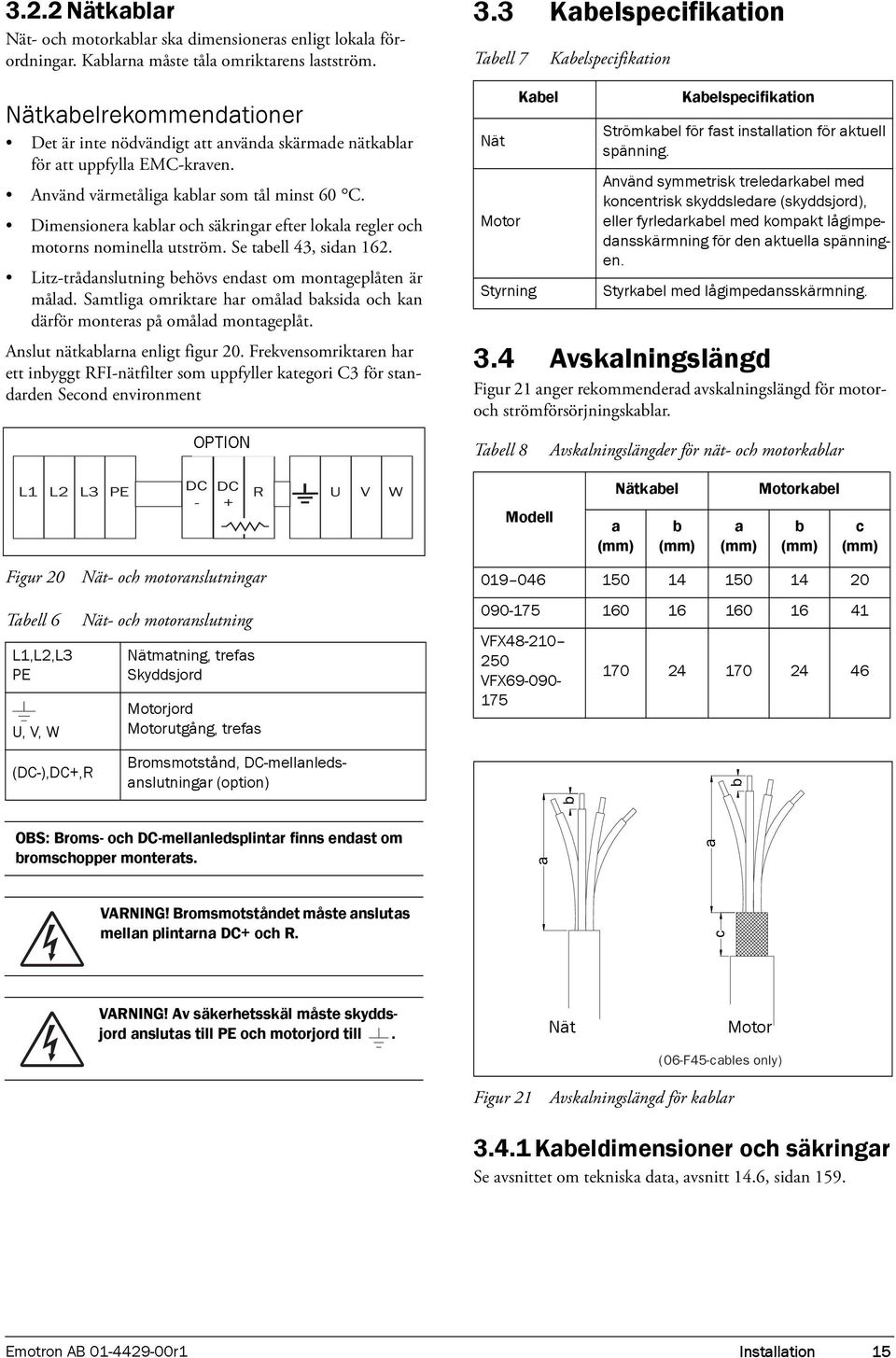 Dimensionera kablar och säkringar efter lokala regler och motorns nominella utström. Se tabell 43, sidan 162. Litz-trådanslutning behövs endast om montageplåten är målad.