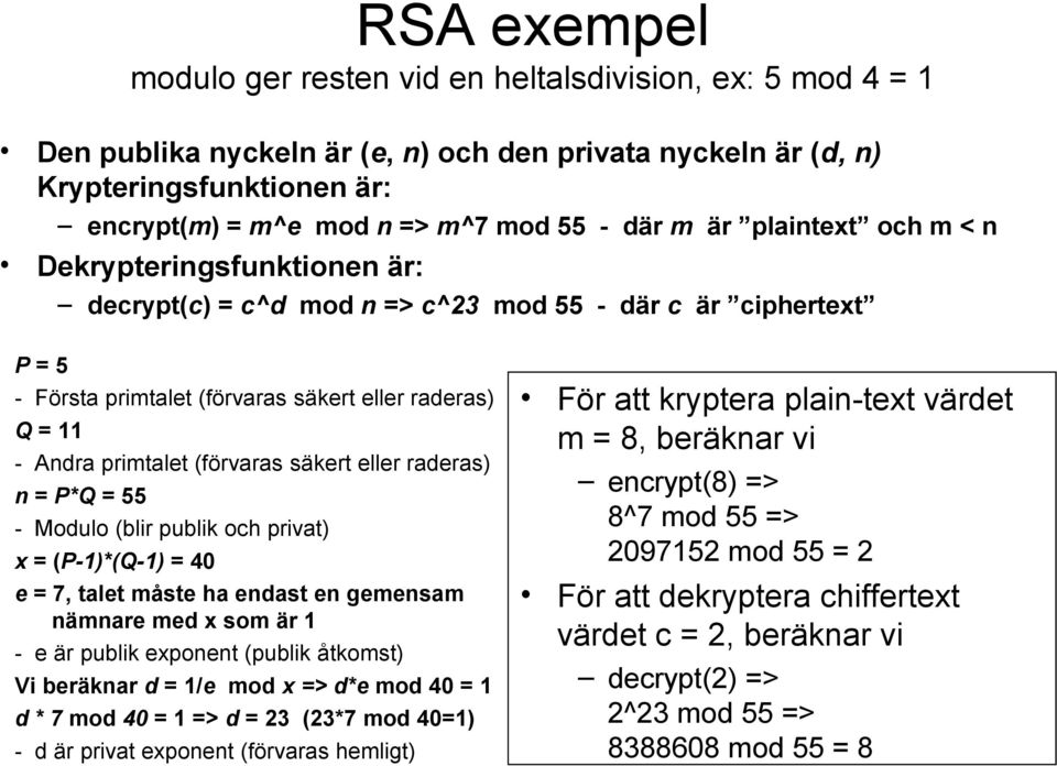 (förvaras säkert eller raderas) n = P*Q = 55 - Modulo (blir publik och privat) x = (P-1)*(Q-1) = 40 e = 7, talet måste ha endast en gemensam nämnare med x som är 1 - e är publik exponent (publik