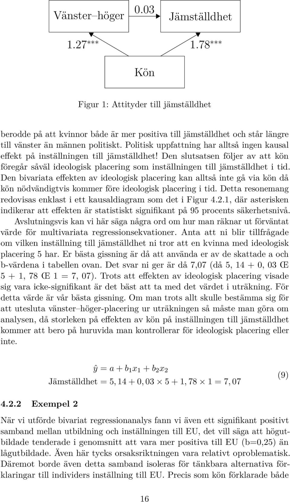 Den bivariata effekten av ideologisk placering kan alltså inte gå via kön då kön nödvändigtvis kommer före ideologisk placering i tid.