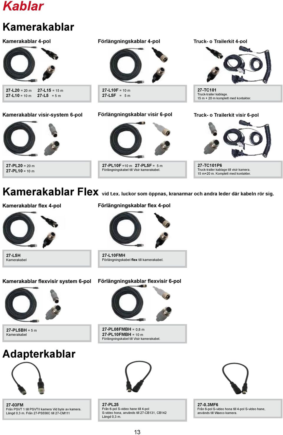 Kamerakablar visir-system 6-pol Förlängningskablar visir 6-pol Truck- o Trailerkit visir 6-pol 27-PL20 = 20 m 27-PL10 = 10 m 27-PL10F =10 m 27-PL5F = 5 m Förlängningskabel till Visir kamerakabel.