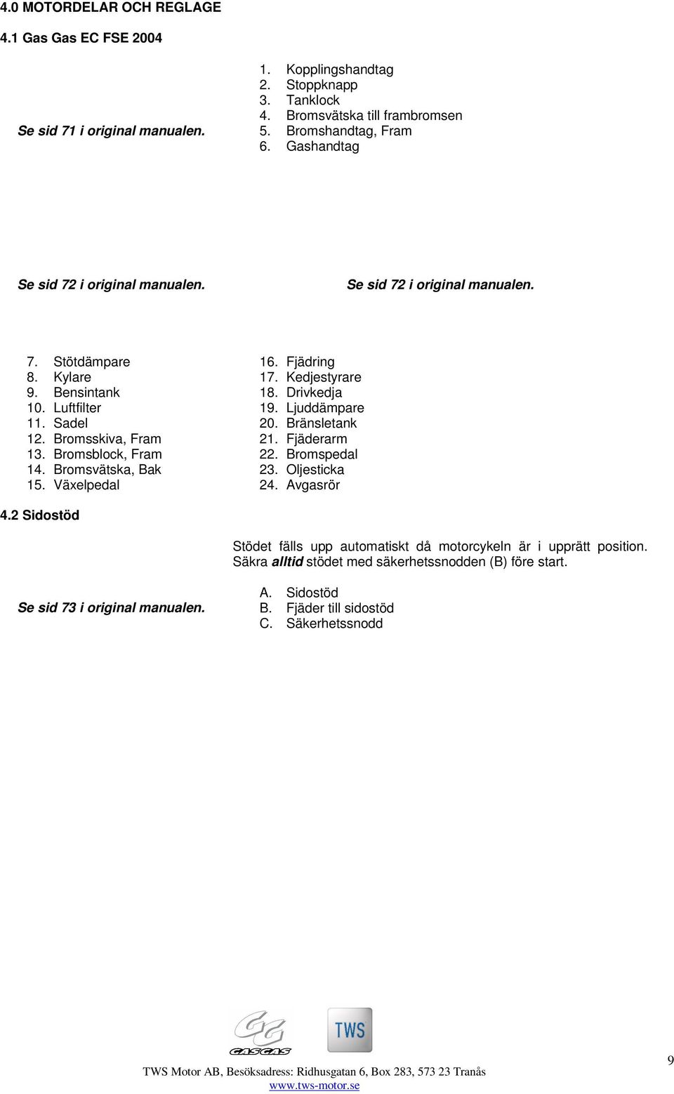 Bromsvätska, Bak 15. Växelpedal 16. Fjädring 17. Kedjestyrare 18. Drivkedja 19. Ljuddämpare 20. Bränsletank 21. Fjäderarm 22. Bromspedal 23. Oljesticka 24. Avgasrör 4.