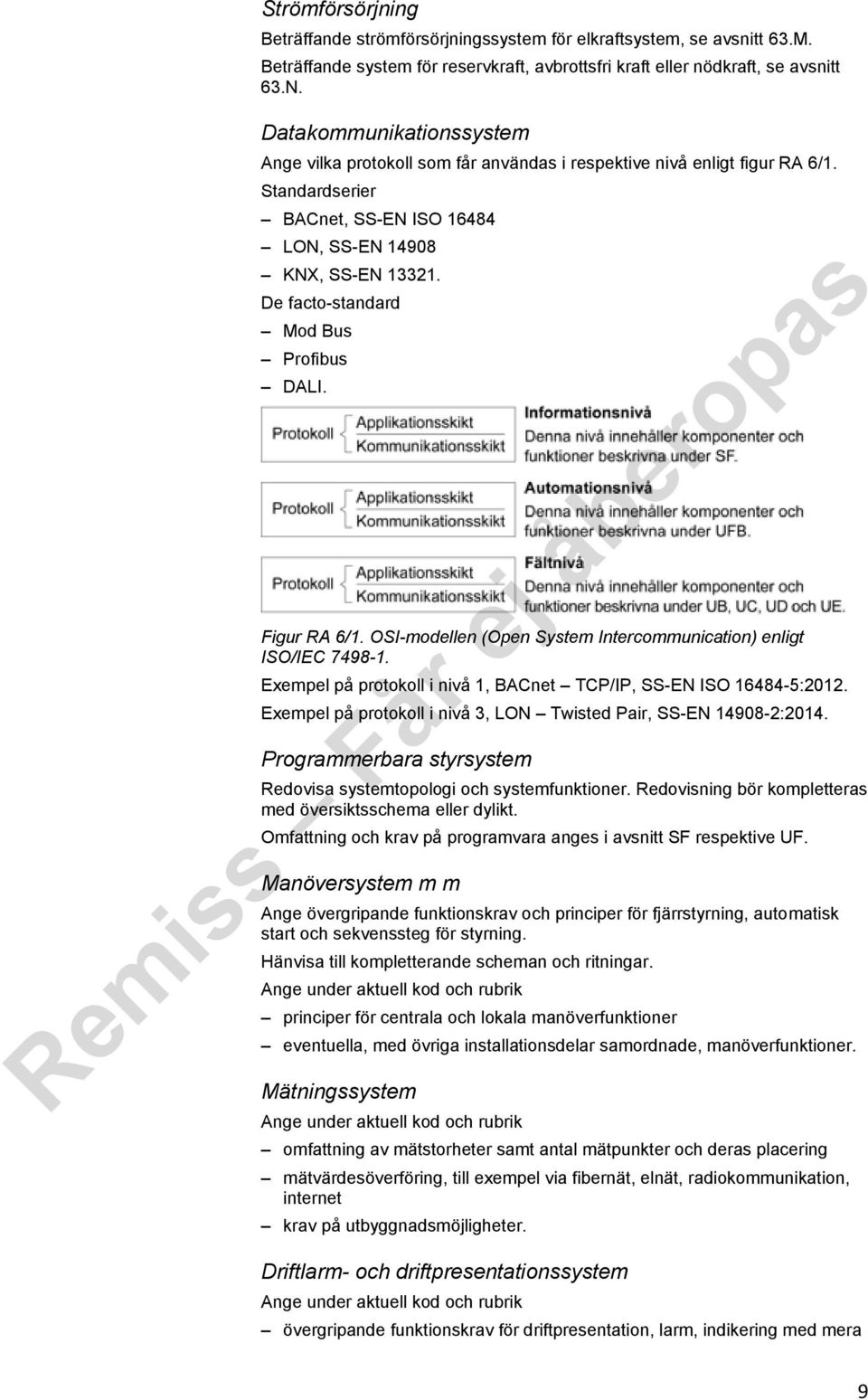 De facto-standard Mod Bus Profibus DALI. Figur RA 6/1. OSI-modellen (Open System Intercommunication) enligt ISO/IEC 7498-1. Exempel på protokoll i nivå 1, BACnet TCP/IP, SS-EN ISO 16484-5:2012.