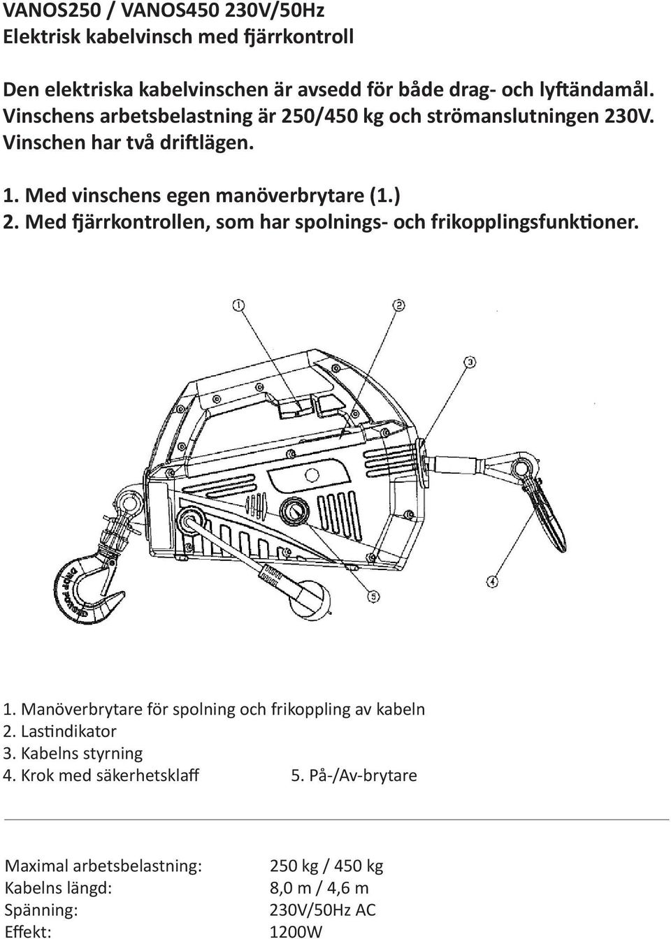 Med fjärrkontrollen, som har spolnings- och frikopplingsfunktioner. 1. Manöverbrytare för spolning och frikoppling av kabeln 2. Lastindikator 3.