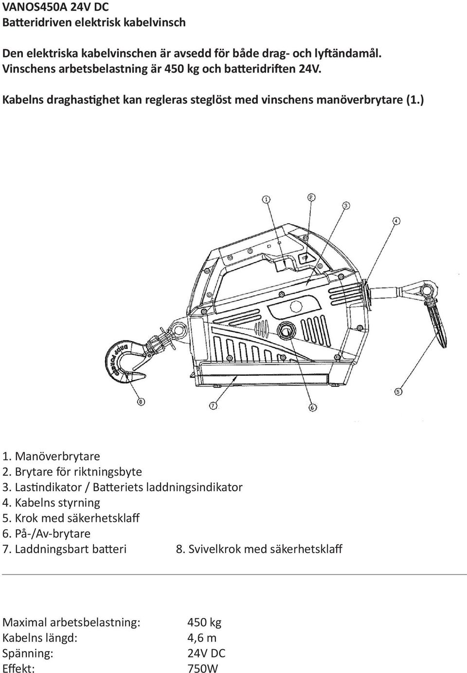 Manöverbrytare 2. Brytare för riktningsbyte 3. Lastindikator / Batteriets laddningsindikator 4. Kabelns styrning 5. Krok med säkerhetsklaff 6.