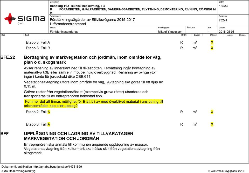 I ersättning ingår borttagning av materialtyp 3B eller sämre in mot befintlig överbyggnad. Rensning av övriga ytor ingår i konto för jordschakt dike CBB.611.