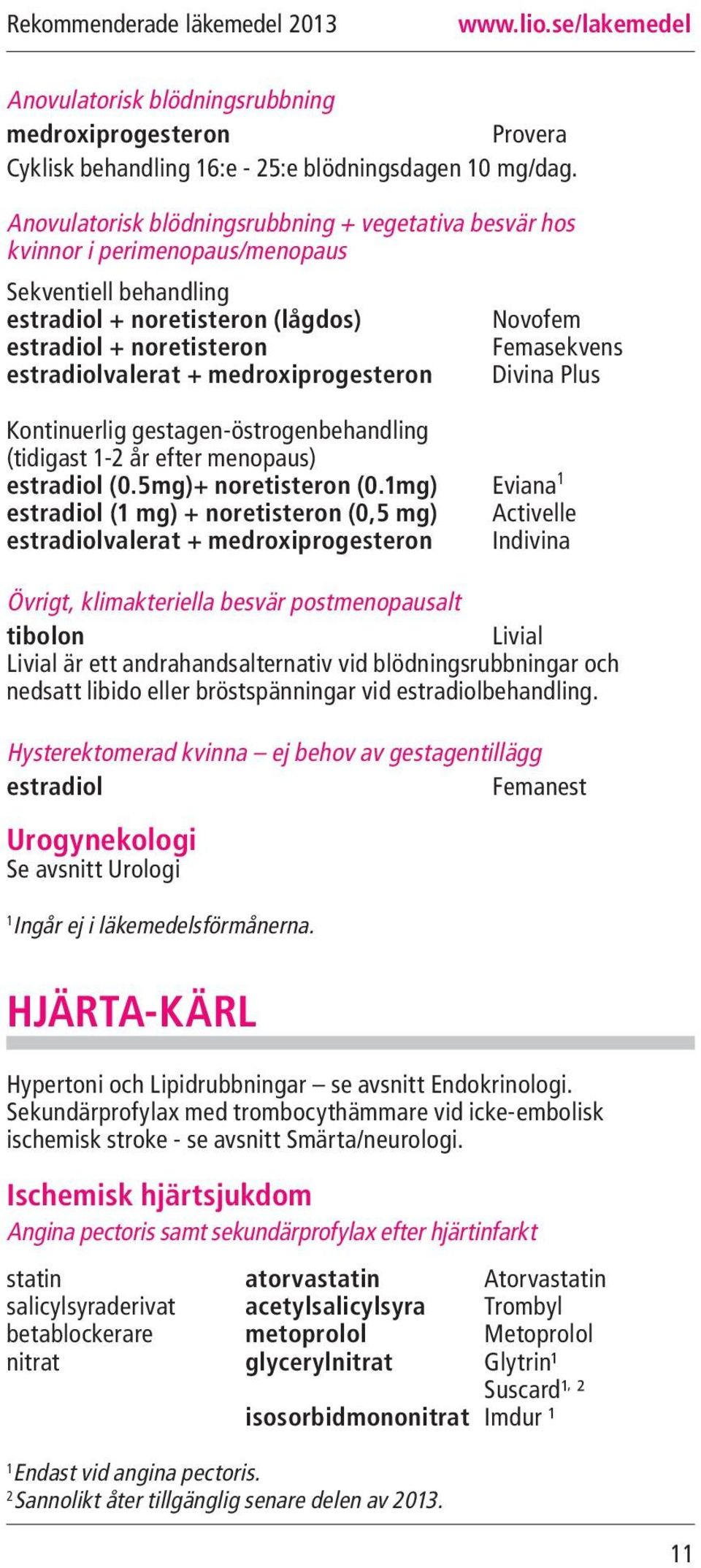 medroxiprogesteron Novofem Femasekvens Divina Plus Kontinuerlig gestagen-östrogenbehandling (tidigast 1-2 år efter menopaus) estradiol (0.5mg)+ noretisteron (0.