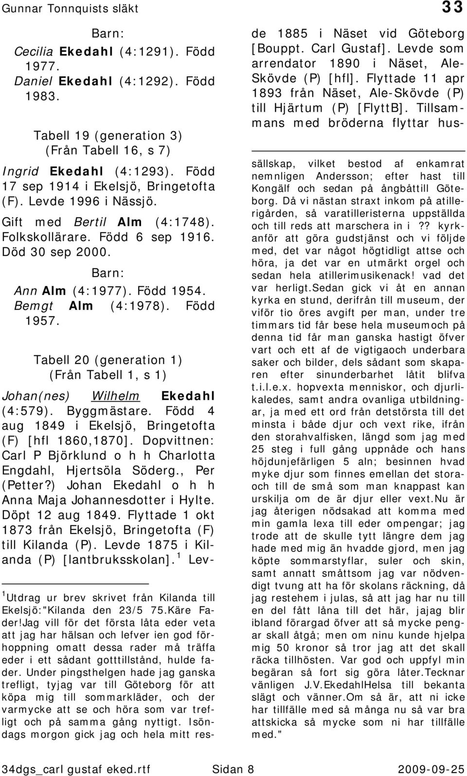 Tabell 20 (generation 1) (Från Tabell 1, s 1) Johan(nes) Wilhelm Ekedahl (4:579). Byggmästare. Född 4 aug 1849 i Ekelsjö, Bringetofta (F) [hfl 1860,1870].