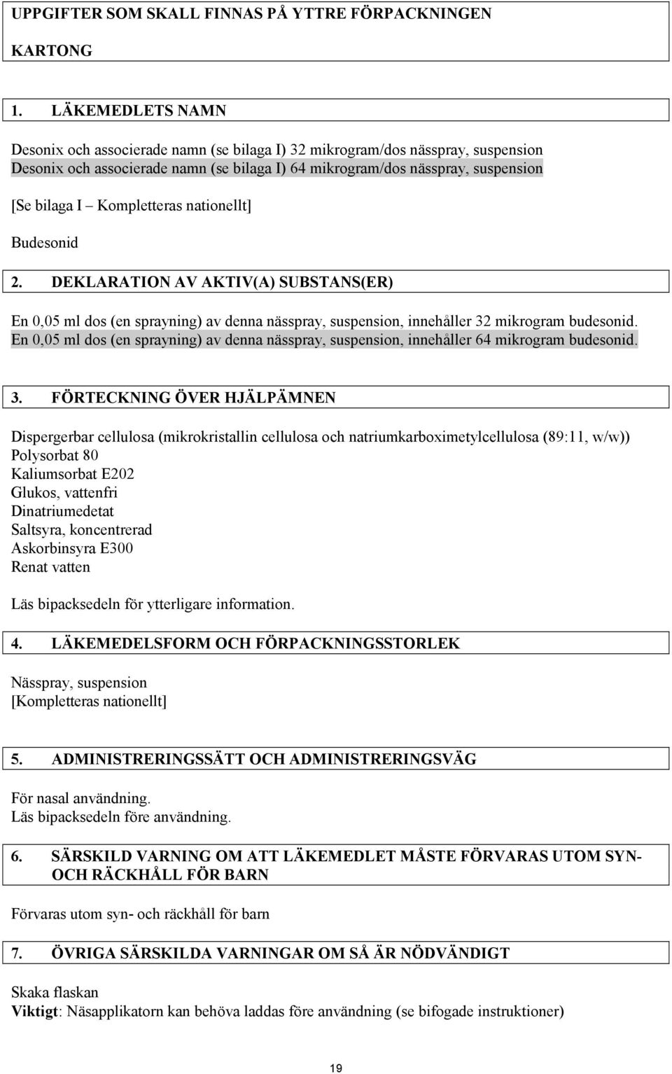 2. DEKLARATION AV AKTIV(A) SUBSTANS(ER) En 0,05 ml dos (en sprayning) av denna nässpray, suspension, innehåller 32 mikrogram budesonid.