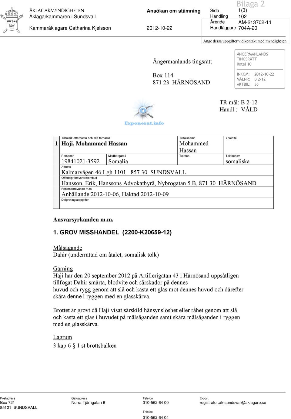 : VÅLD Tilltalad: efternamn och alla förnamn Tilltalsnamn Yrke/titel 1 Haji, Mohammed Hassan Mohammed Hassan Personnr Medborgare i Telefon Tolkbehov 19841021-3592 Somalia somaliska Adress Kalmarvägen