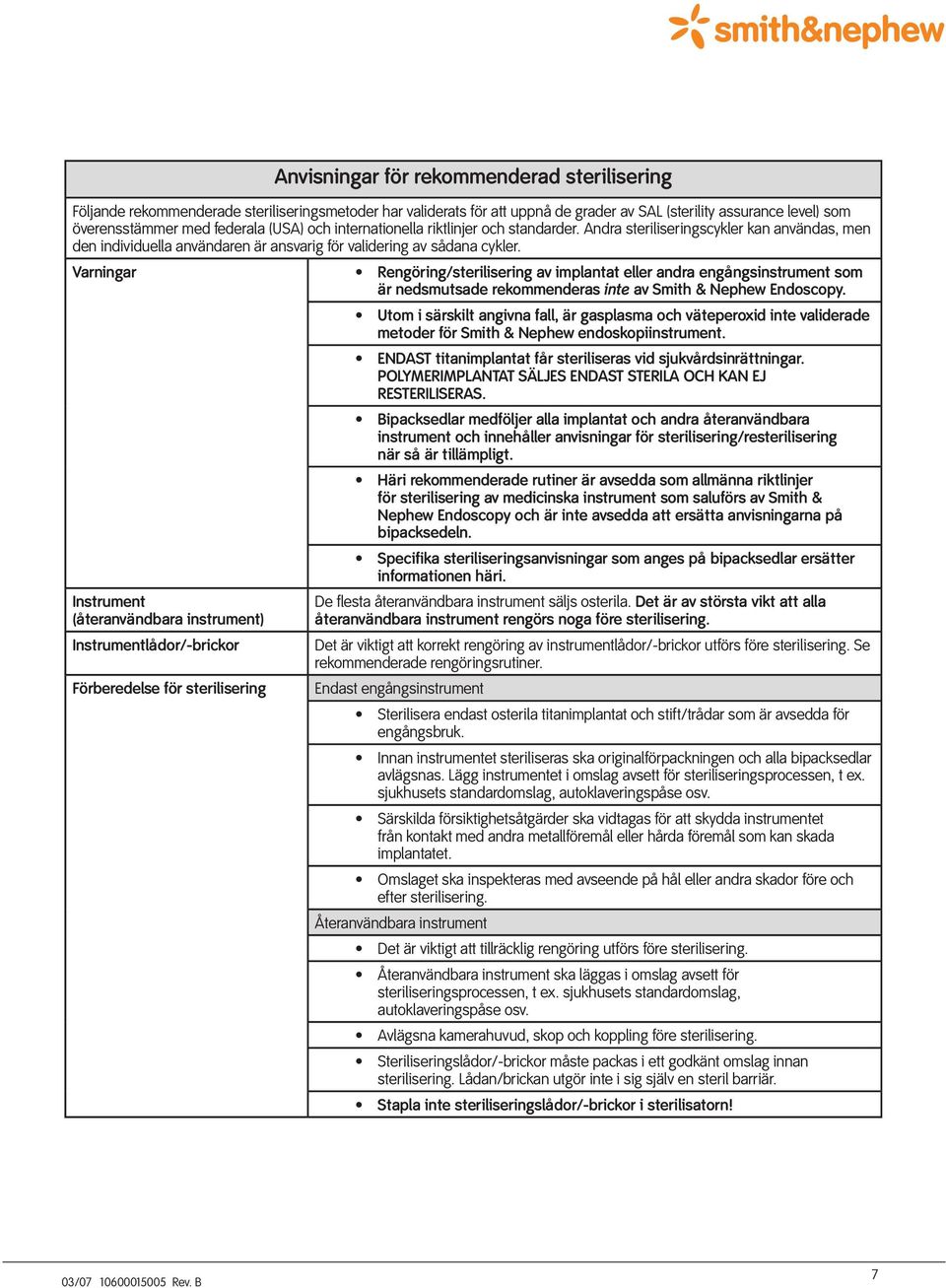 Varningar Rengöring/sterilisering av implantat eller andra engångsinstrument som är nedsmutsade rekommenderas inte av Smith & Nephew Endoscopy.