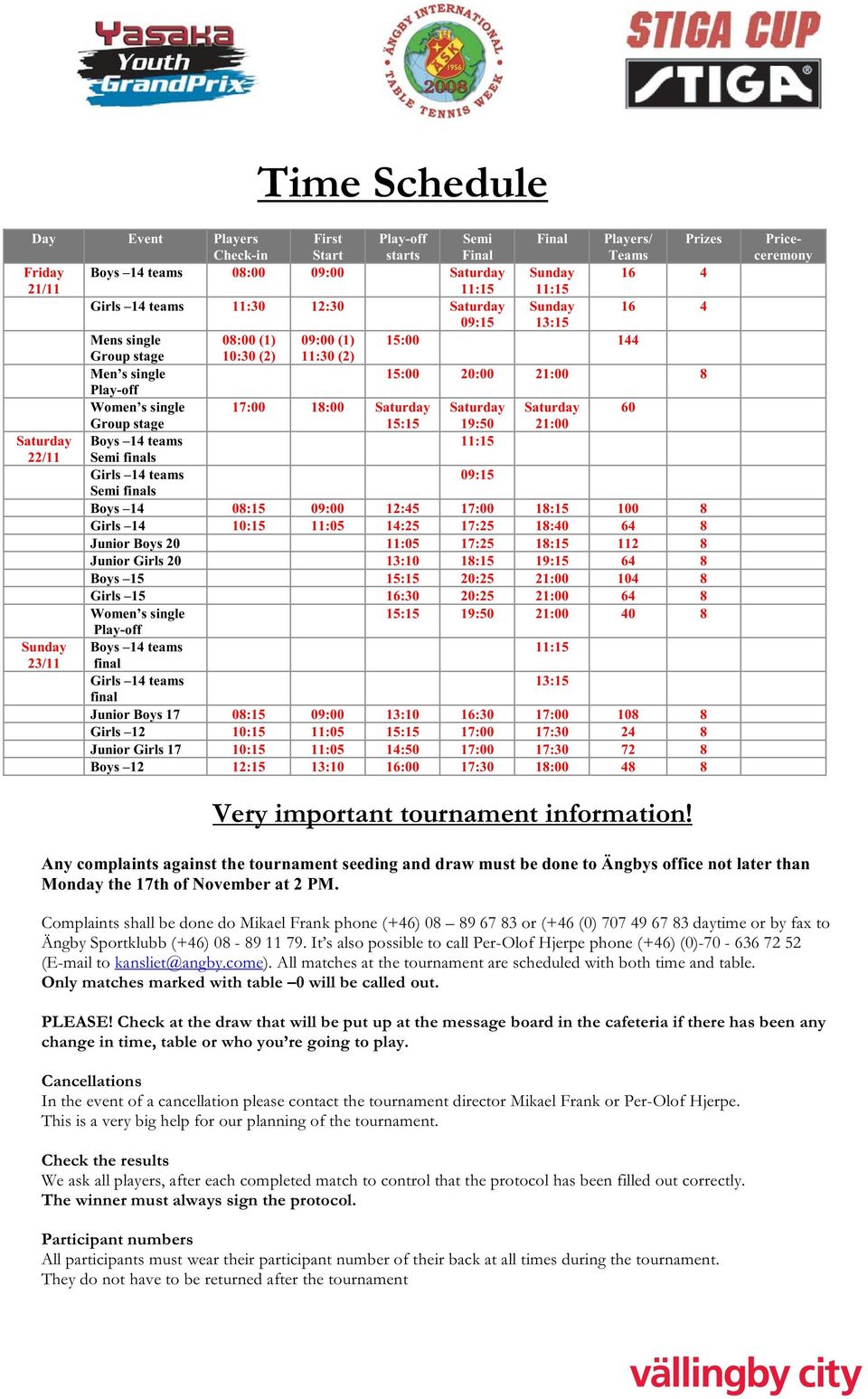 Saturday Saturday 60 Group stage 15:15 19:50 21:00 Saturday Boys 14 teams 11:15 22/11 Semi finals Girls 14 teams 09:15 Semi finals Boys 14 08:15 09:00 12:45 17:00 18:15 100 8 Girls 14 10:15 11:05