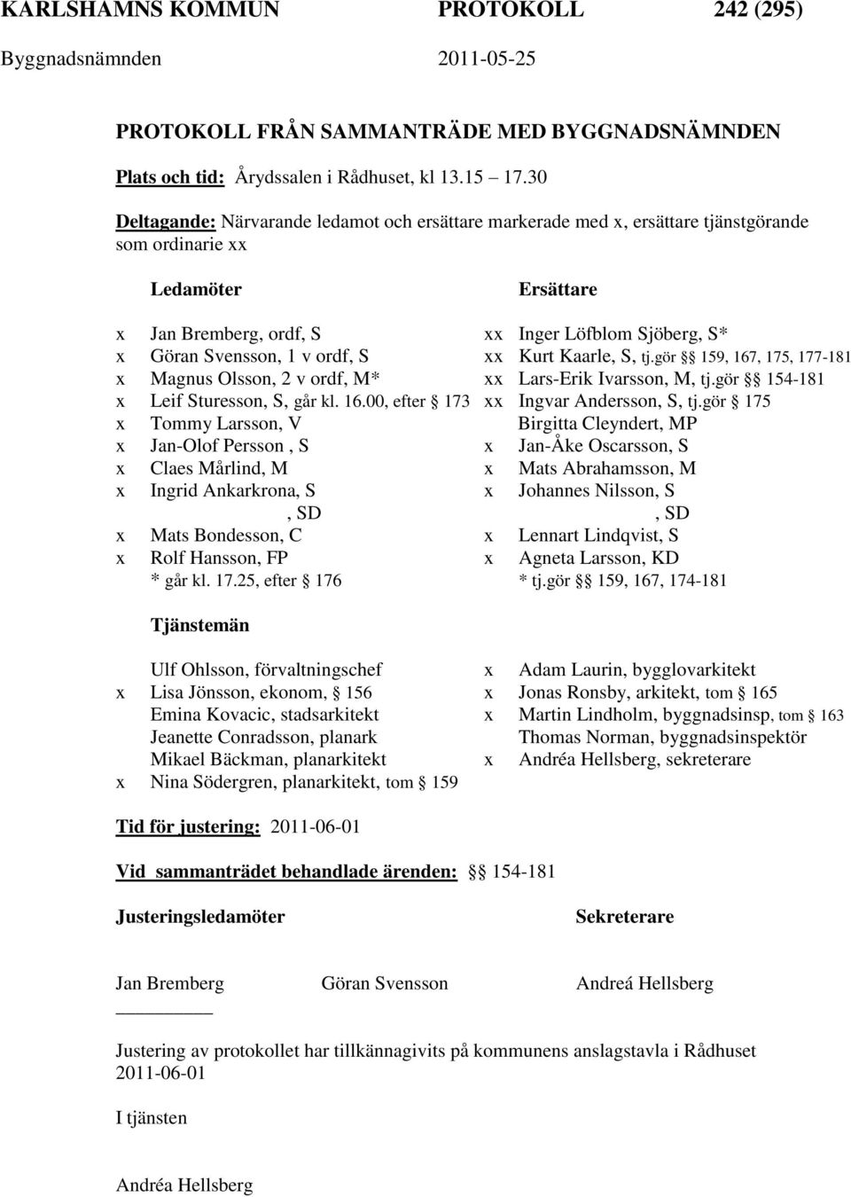 v ordf, S xx Kurt Kaarle, S, tj.gör 159, 167, 175, 177-181 x Magnus Olsson, 2 v ordf, M* xx Lars-Erik Ivarsson, M, tj.gör 154-181 x Leif Sturesson, S, går kl. 16.00, efter 173 xx Ingvar Andersson, S, tj.