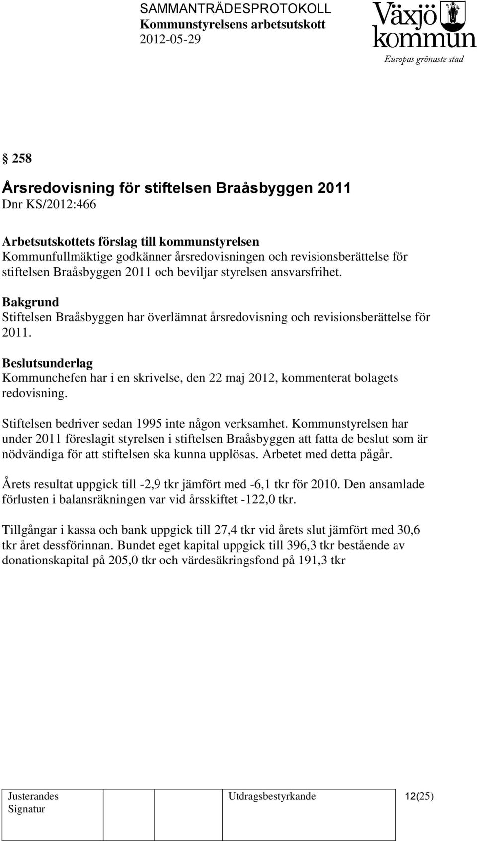 Beslutsunderlag Kommunchefen har i en skrivelse, den 22 maj 2012, kommenterat bolagets redovisning. Stiftelsen bedriver sedan 1995 inte någon verksamhet.