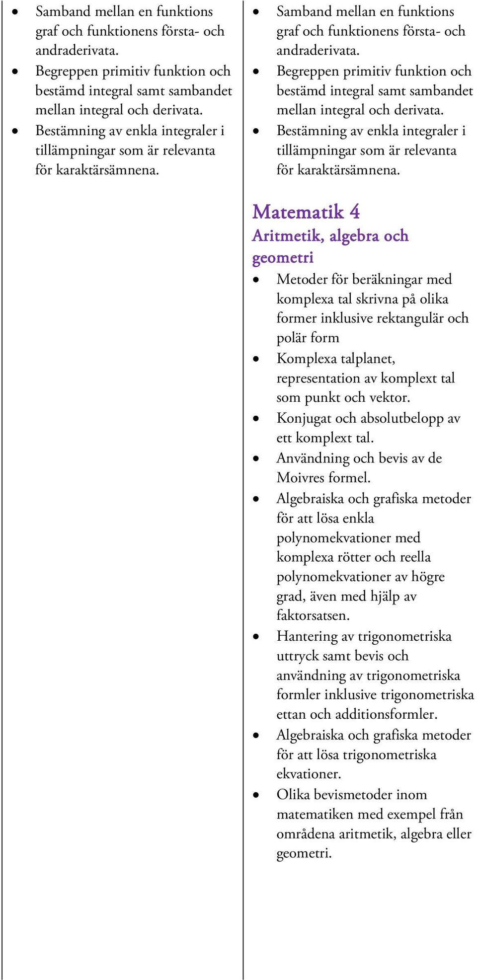 Matematik 4 Aritmetik, och geometri Metoder för beräkningar med komplexa tal skrivna på olika former inklusive rektangulär och polär form Komplexa talplanet, representation av komplext tal som punkt