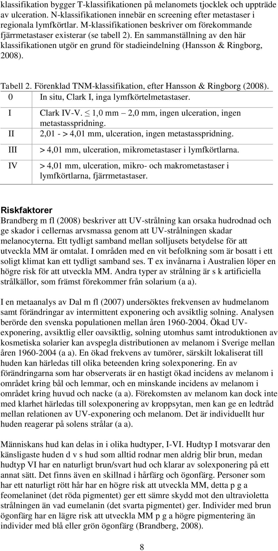 Tabell 2. Förenklad TNM-klassifikation, efter Hansson & Ringborg (2008). 0 In situ, Clark I, inga lymfkörtelmetastaser. I II III IV Clark IV-V.