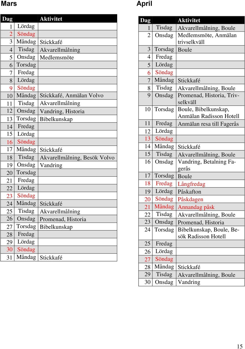 Söndag 24 Måndag Stickkafé 25 Tisdag Akvarellmålning 26 Onsdag Promenad, Historia 27 Torsdag Bibelkunskap 28 Fredag 29 Lördag 30 Söndag 31 Måndag Stickkafé April Dag Aktivitet 1 Tisdag