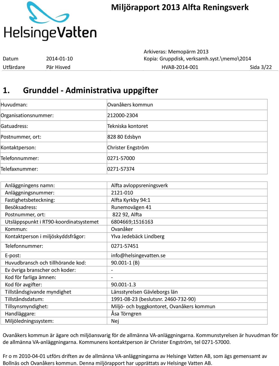 Telefonnummer: 0271-57000 Telefaxnummer: 0271-57374 Anläggningens namn: Alfta avloppsreningsverk Anläggningsnummer: 2121-010 Fastighetsbeteckning: Alfta Kyrkby 94:1 Besöksadress: Runemovägen 41