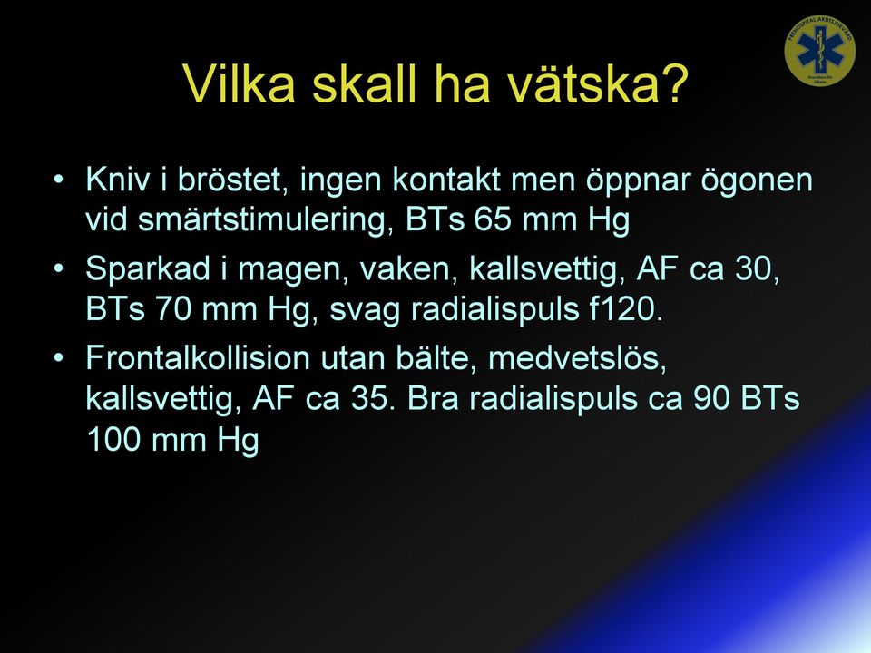 BTs 65 mm Hg Sparkad i magen, vaken, kallsvettig, AF ca 30, BTs 70 mm