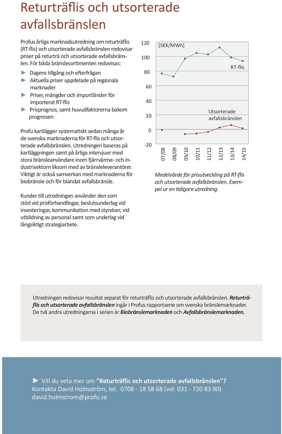 huvudfaktorerna bakom prognosen 120 100 80 60 40 20 [SEK/MWh] RT-flis Utsorterade avfallsbränslen Profu kartlägger systematiskt sedan många år de svenska marknaderna för RT-flis och utsorterade