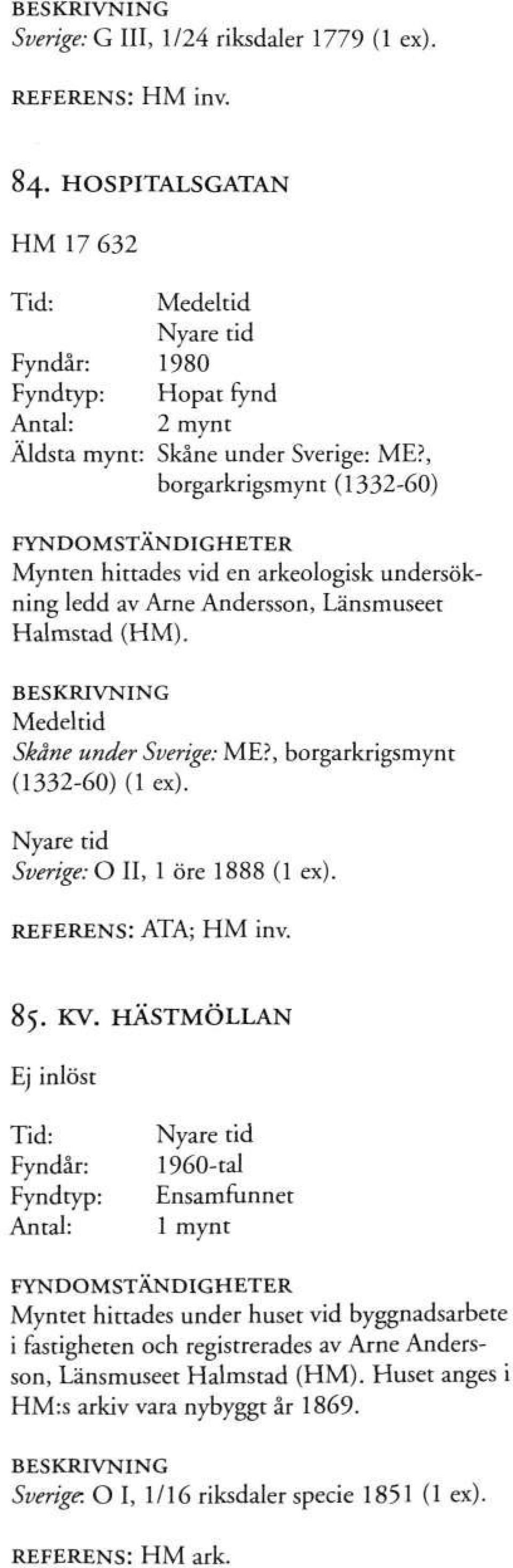 , borgarkrigsmynt (1332-60) (1 ex). Sverige: O II, 1 öre 1888 (1 ex). REFERENS: ATA; HM inv. 85. KV.