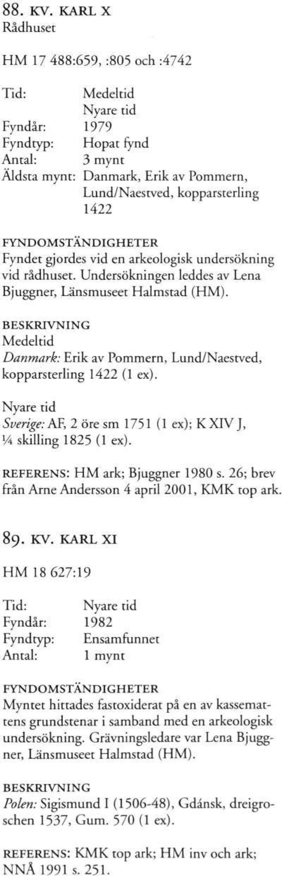 undersökning vid rådhuset. Undersökningen leddes av Lena Bjuggner, Länsmuseet Halmstad (HM). Medeltid Danmark: Erik av Pommern, Lund/Naestved, kopparsterling 1422 (1 ex).