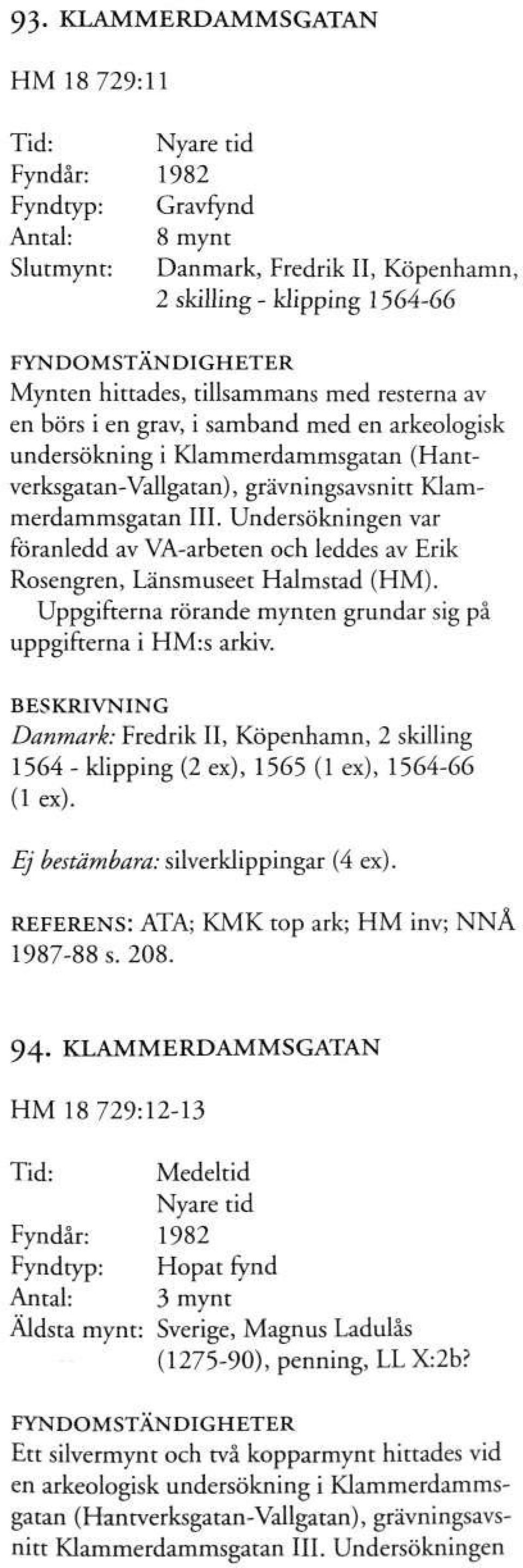 Undersökningen var föranledd av VA-arbeten och leddes av Erik Rosengren, Länsmuseet Halmstad (HM). Uppgifterna rörande mynten grundar sig på uppgifterna i HM:s arkiv.
