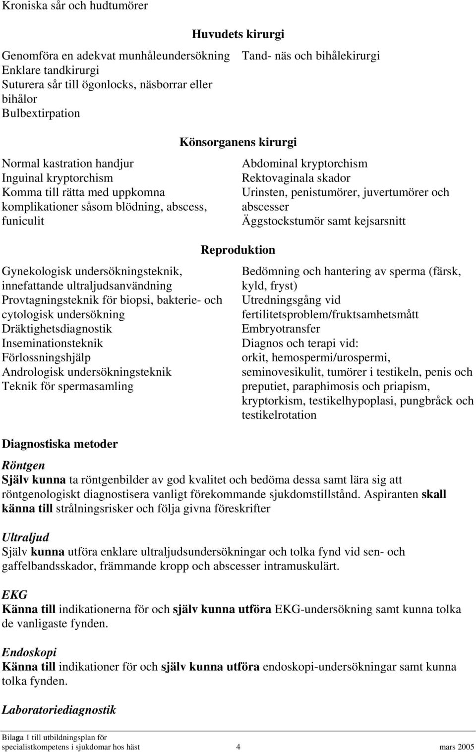 bakterie- och cytologisk undersökning Dräktighetsdiagnostik Inseminationsteknik Förlossningshjälp Andrologisk undersökningsteknik Teknik för spermasamling Diagnostiska metoder Huvudets kirurgi