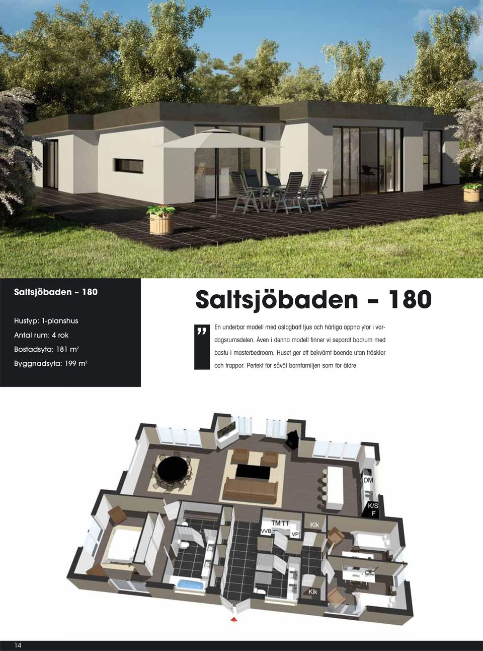 vardagsrumsdelen. Även i denna modell finner vi separat badrum med bastu i masterbedroom.