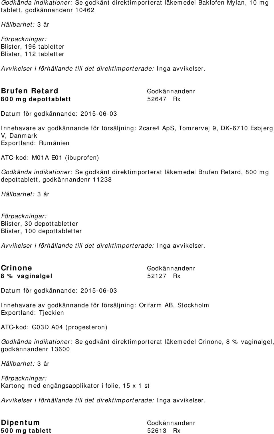 direktimporterat läkemedel Brufen Retard, 800 mg depottablett, godkännandenr 11238 Blister, 30 depottabletter Blister, 100 depottabletter Crinone 8 % vaginalgel 52127 Rx Exportland: Tjeckien