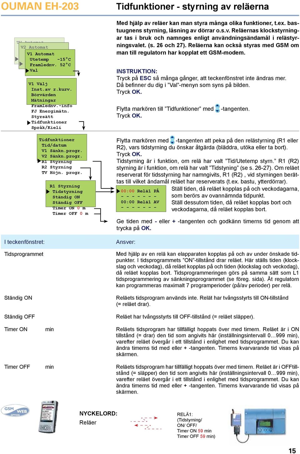 R1 Styrning Tidstyrning Ständig ON Ständig OFF Timer ON 0 m Timer OFF 0 m Tidfunktioner - styrning av reläerna Med hjälp av reläer kan man styra många olika funktioner, t.ex.