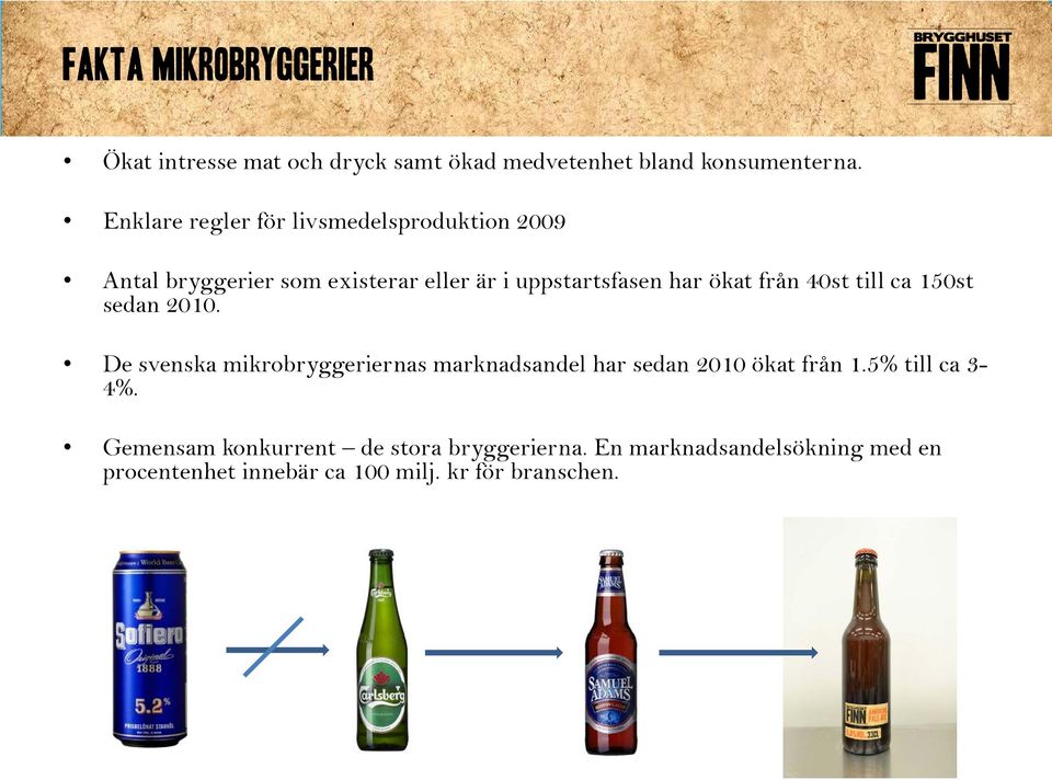 från 40st till ca 150st sedan 2010. De svenska mikrobryggeriernas marknadsandel har sedan 2010 ökat från 1.