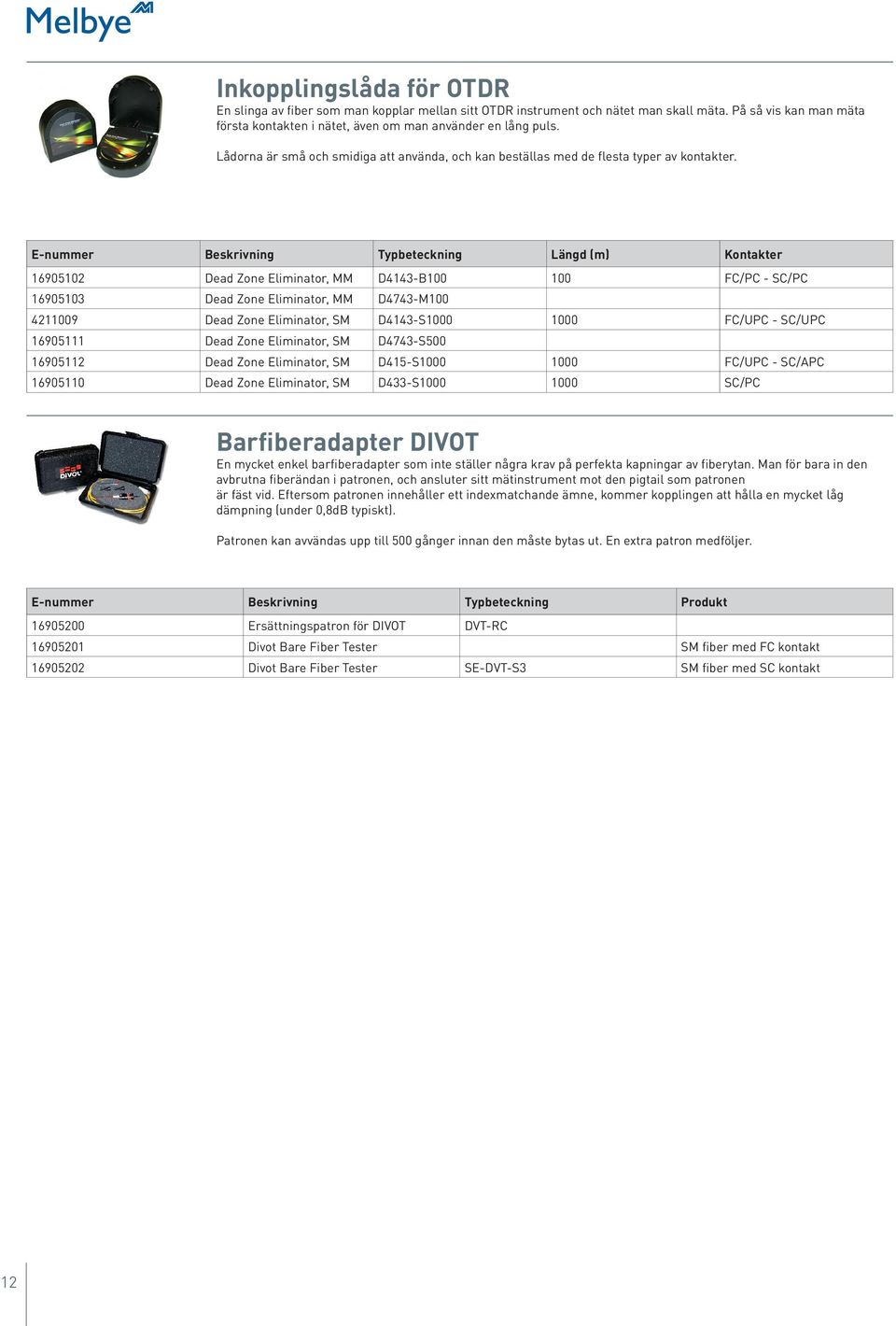 Längd (m) Kontakter 16905102 Dead Zone Eliminator, MM D4143-B100 100 FC/PC - SC/PC 16905103 Dead Zone Eliminator, MM D4743-M100 4211009 Dead Zone Eliminator, SM D4143-S1000 1000 FC/UPC - SC/UPC