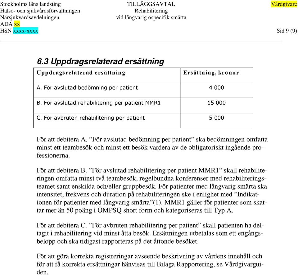 För avbruten rehabilitering per patient 5 000 För att debitera A.