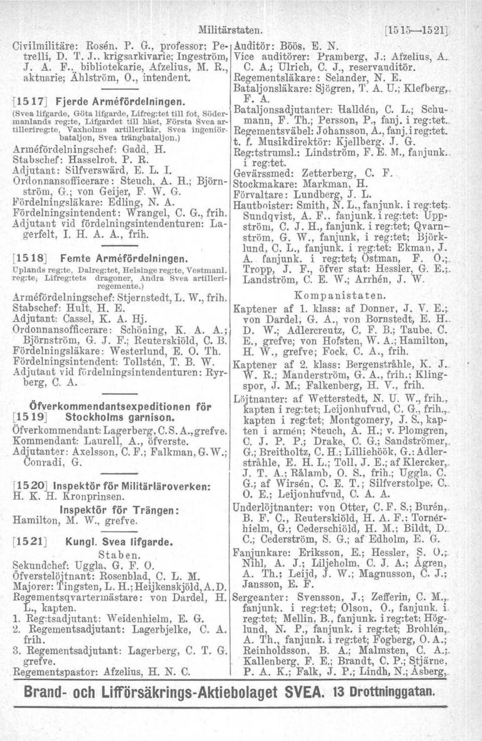 [1517J FjerdeArmefördelningen. F.!'-.. (Svealifgarde, Götalifgarde,Lifreg:tettill fot, Söder- Bataljonsadjutanter. Hallden. C,. L:; Schumanlands reg:te, Lifgardet till häst, Första Sveaar- mann, F.