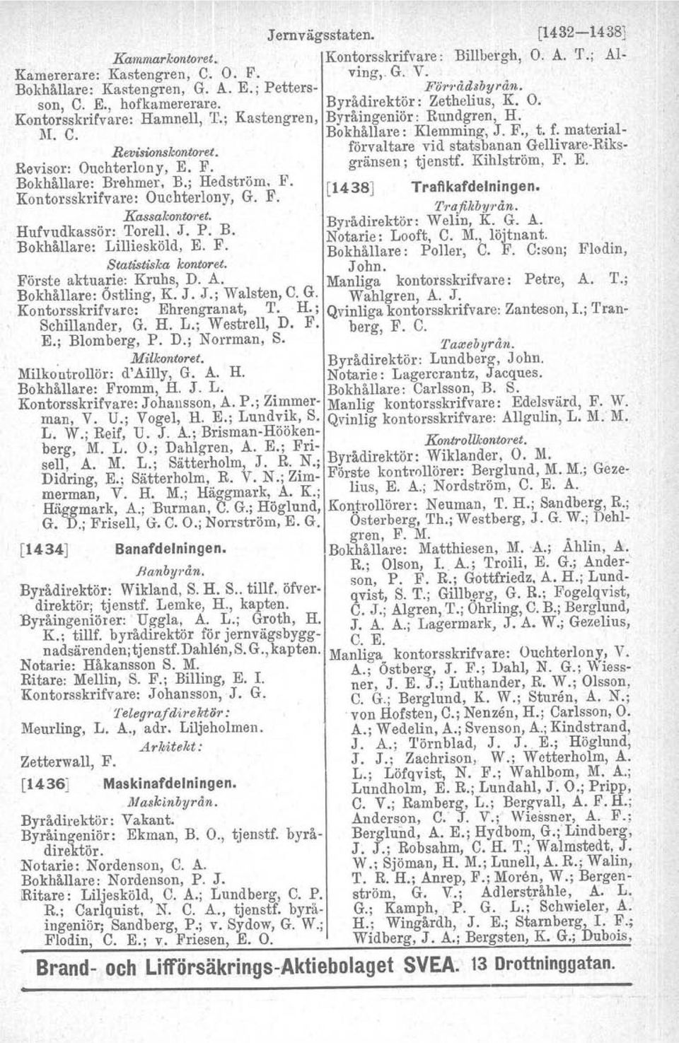 förvaltare vid statsbanan Gell.ivare-Riks- Revisor: Ouchterlony, E. F. gränsen; tjenstf. Kihlström, F. E. Bokhållare: Brelimer. B.; Hedström. :1". [1438] Traflkafdelningen.