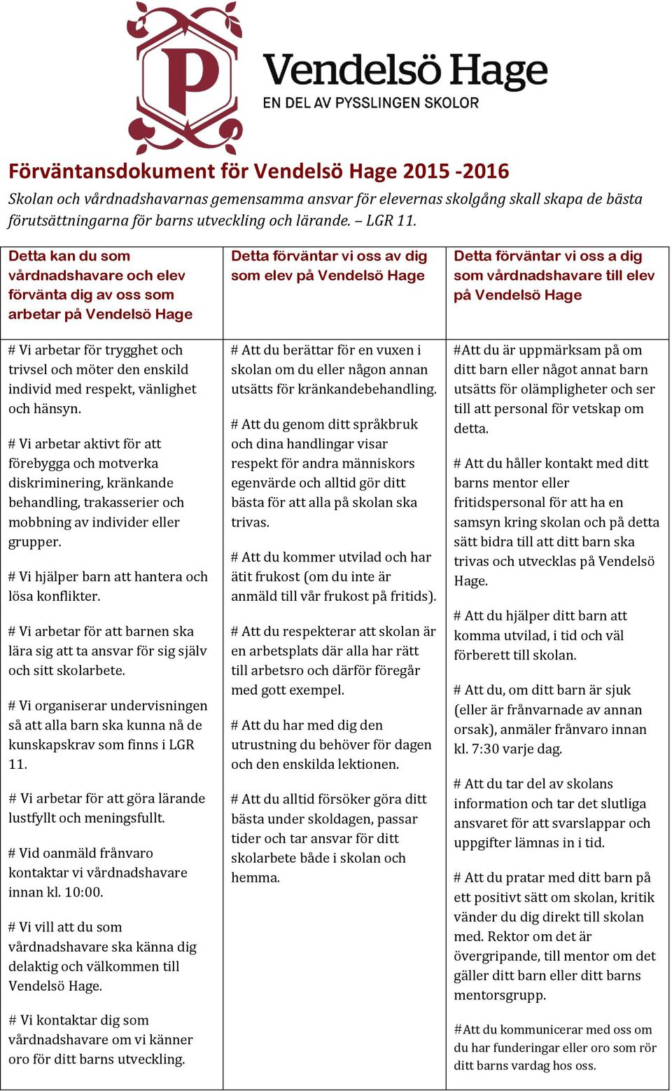 Vi arbetar aktivt för att förebygga och motverka diskriminering, kränkande behandling, trakasserier och mobbning av individer eller grupper. Vi hjälper barn att hantera och lösa konflikter.