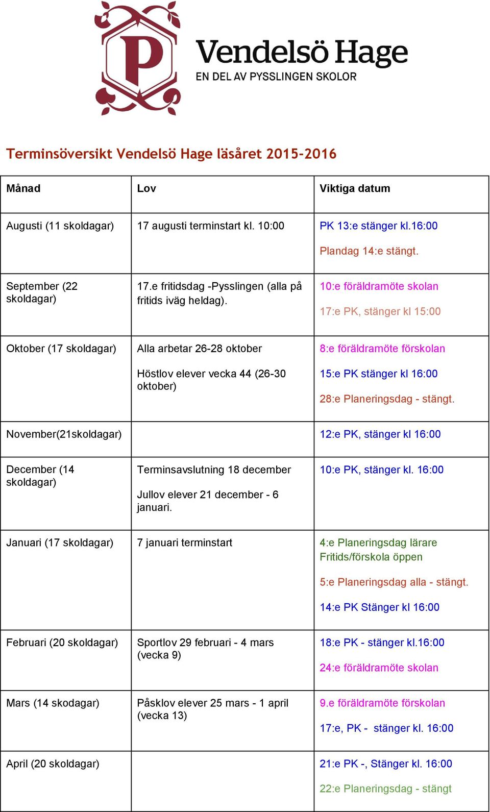 10:e föräldramöte skolan 17:e PK, stänger kl 15:00 Oktober (17 skoldagar) Alla arbetar 26-28 oktober Höstlov elever vecka 44 (26-30 oktober) 8:e föräldramöte förskolan 15:e PK stänger kl 16:00 28:e