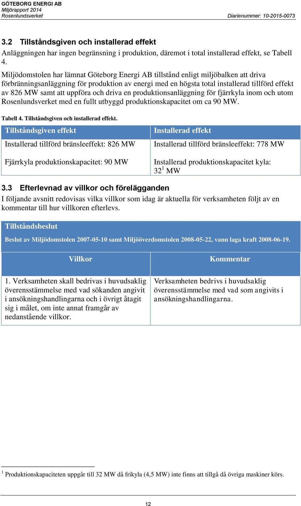 uppföra och driva en produktionsanläggning för fjärrkyla inom och utom Rosenlundsverket med en fullt utbyggd produktionskapacitet om ca 90 MW. Tabell 4. Tillståndsgiven och installerad effekt.