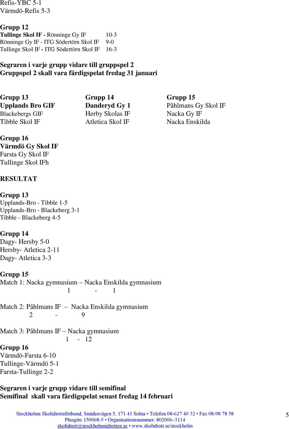 Skol IF Atletica Skol IF Nacka Enskilda Grupp 16 Värmdö Gy Skol IF Farsta Gy Skol IF Tullinge Skol IFh Grupp 13 Upplands-Bro - Tibble 1-5 Upplands-Bro - Blackeberg 3-1 Tibble - Blackeberg 4-5 Grupp